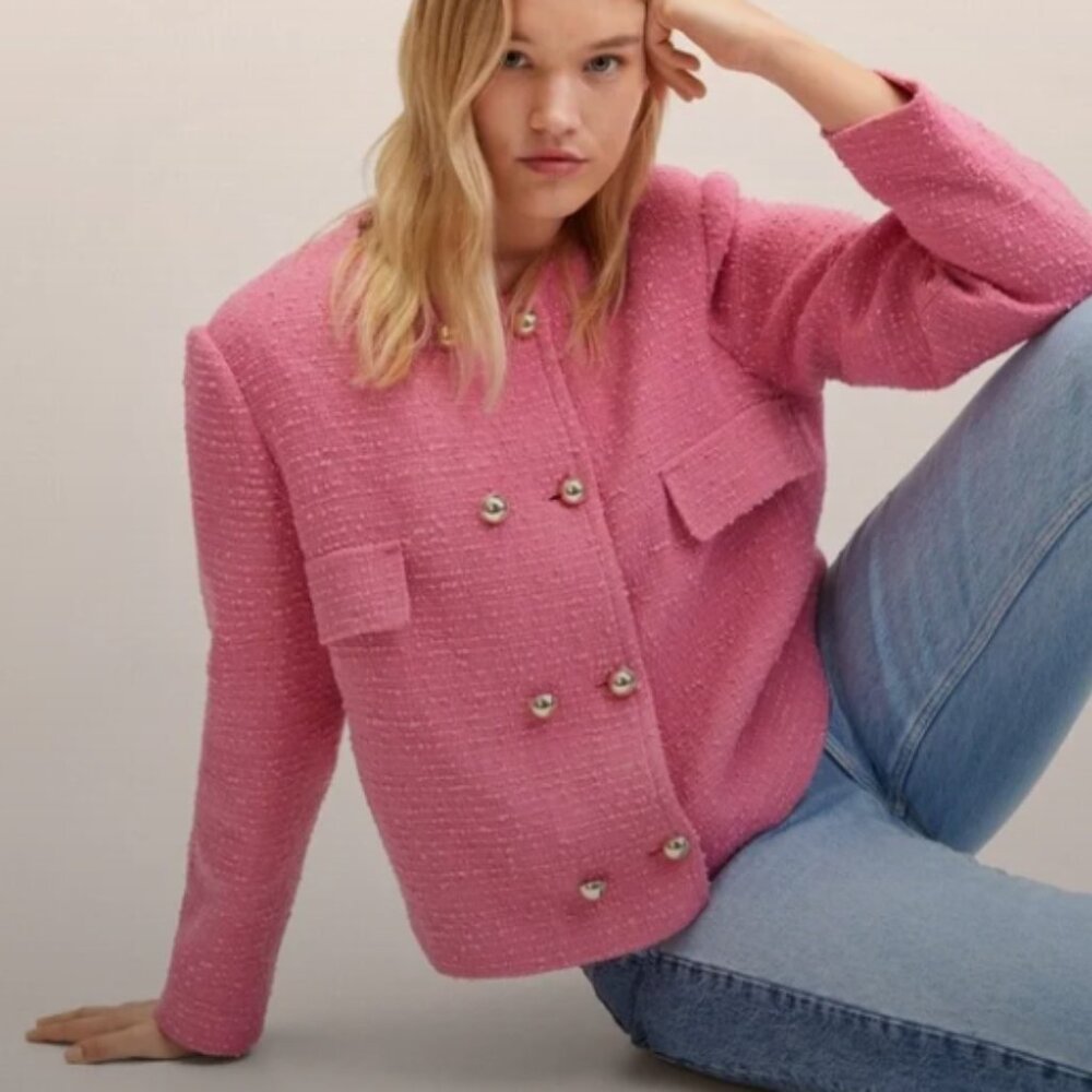 Mango (MNG) pink tweed double breasted jacket Size S - Picture 3 of 4